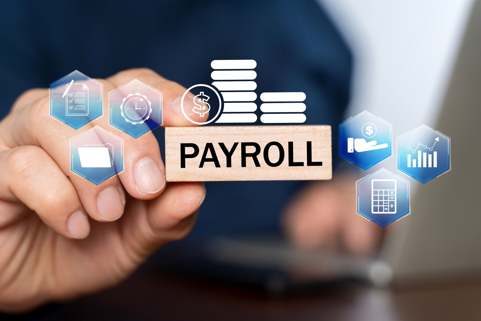Payroll business finance concept, Businessman holding virtual Payroll icon for report financial information